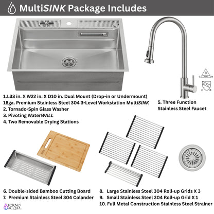 FORNO ACQUA 33 in. Drop-In/Undermount 3-Level Workstation Sink with Faucet, Waterfall & Glass Rinser - Forno Appliances