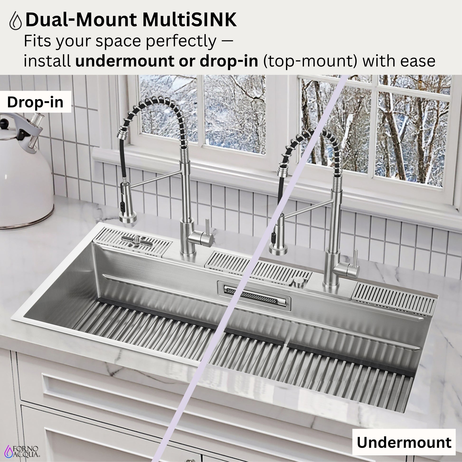 FORNO ACQUA 45 in. Drop-In/Undermount 3-Level Workstation Sink with Two Faucets & Glass Rinser - Forno Appliances