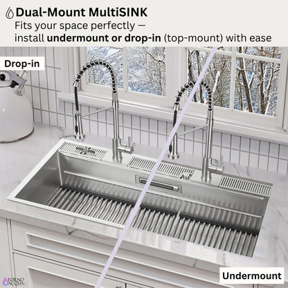 FORNO ACQUA 45 in. Drop-In/Undermount 3-Level Workstation Sink with Two Faucets & Glass Rinser - Forno Appliances