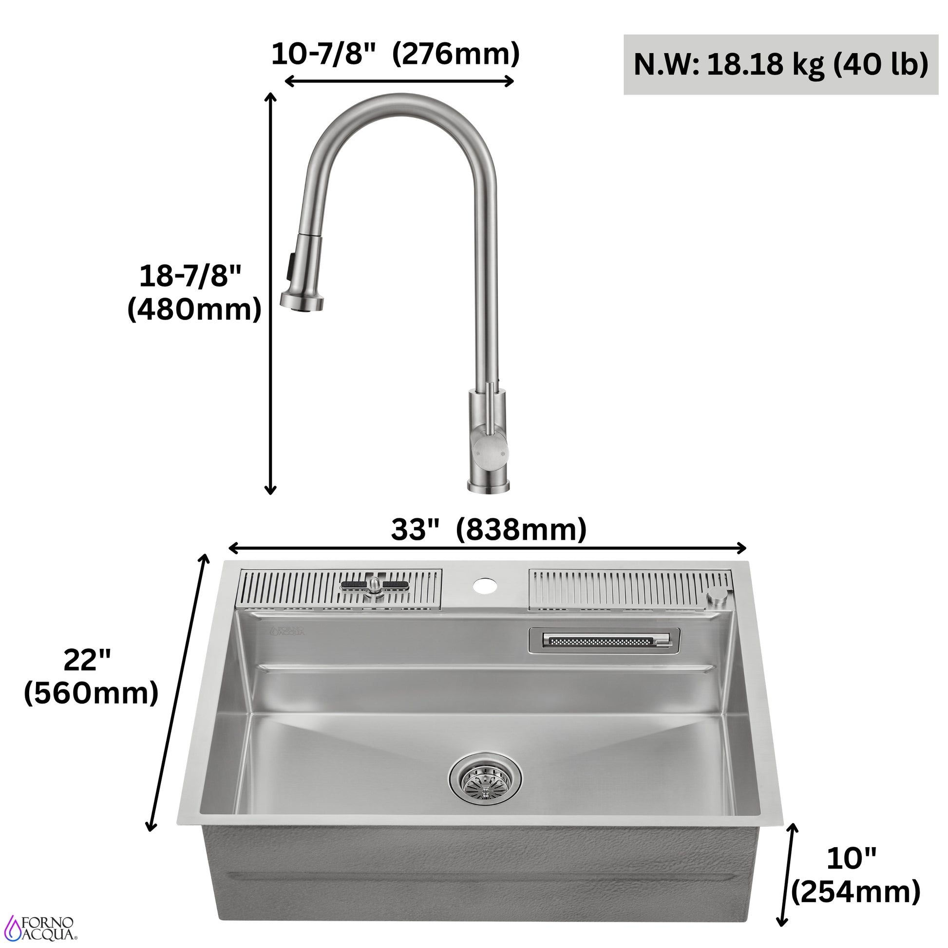 FORNO ACQUA 33 in. Drop-In/Undermount 3-Level Workstation Sink with Faucet, Waterfall & Glass Rinser - Forno Appliances