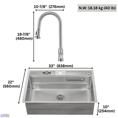 FORNO ACQUA 33 in. Drop-In/Undermount 3-Level Workstation Sink with Faucet, Waterfall & Glass Rinser - Forno Appliances
