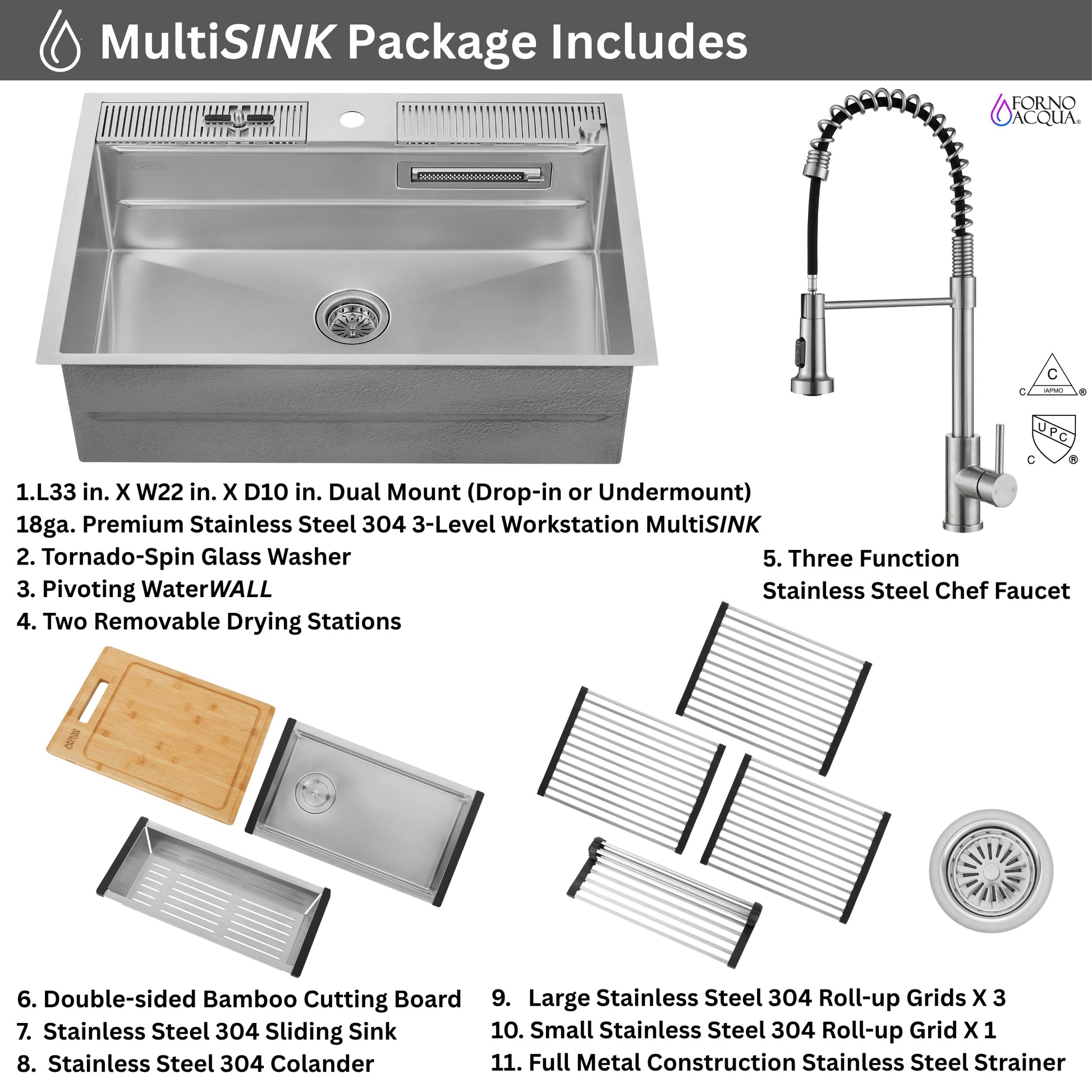 FORNO ACQUA MultiSINK kit with Integrated Waterfall Rinsing and Glass Washing Station.  Includes Chef Faucet and Accessories. - Forno Appliances