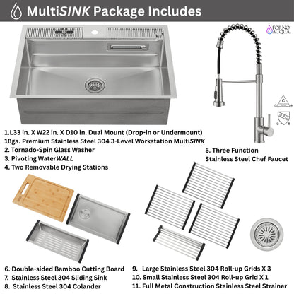 FORNO ACQUA MultiSINK kit with Integrated Waterfall Rinsing and Glass Washing Station.  Includes Chef Faucet and Accessories. - Forno Appliances