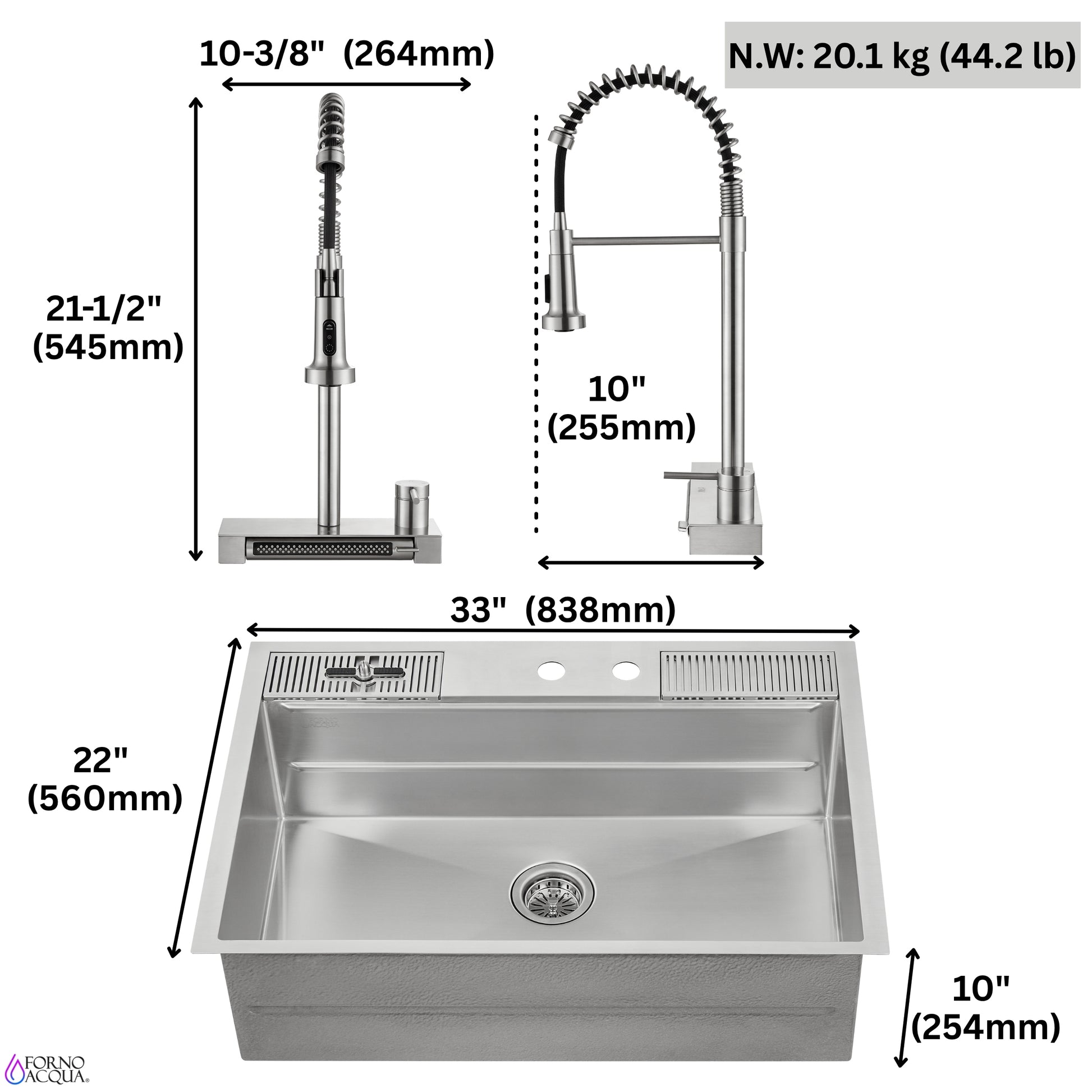 FORNO ACQUA 33 in. Drop-In/Undermount 3-Level MultiSINK Workstation Sink with Waterfall Faucet & Glass Rinser - Forno Appliances
