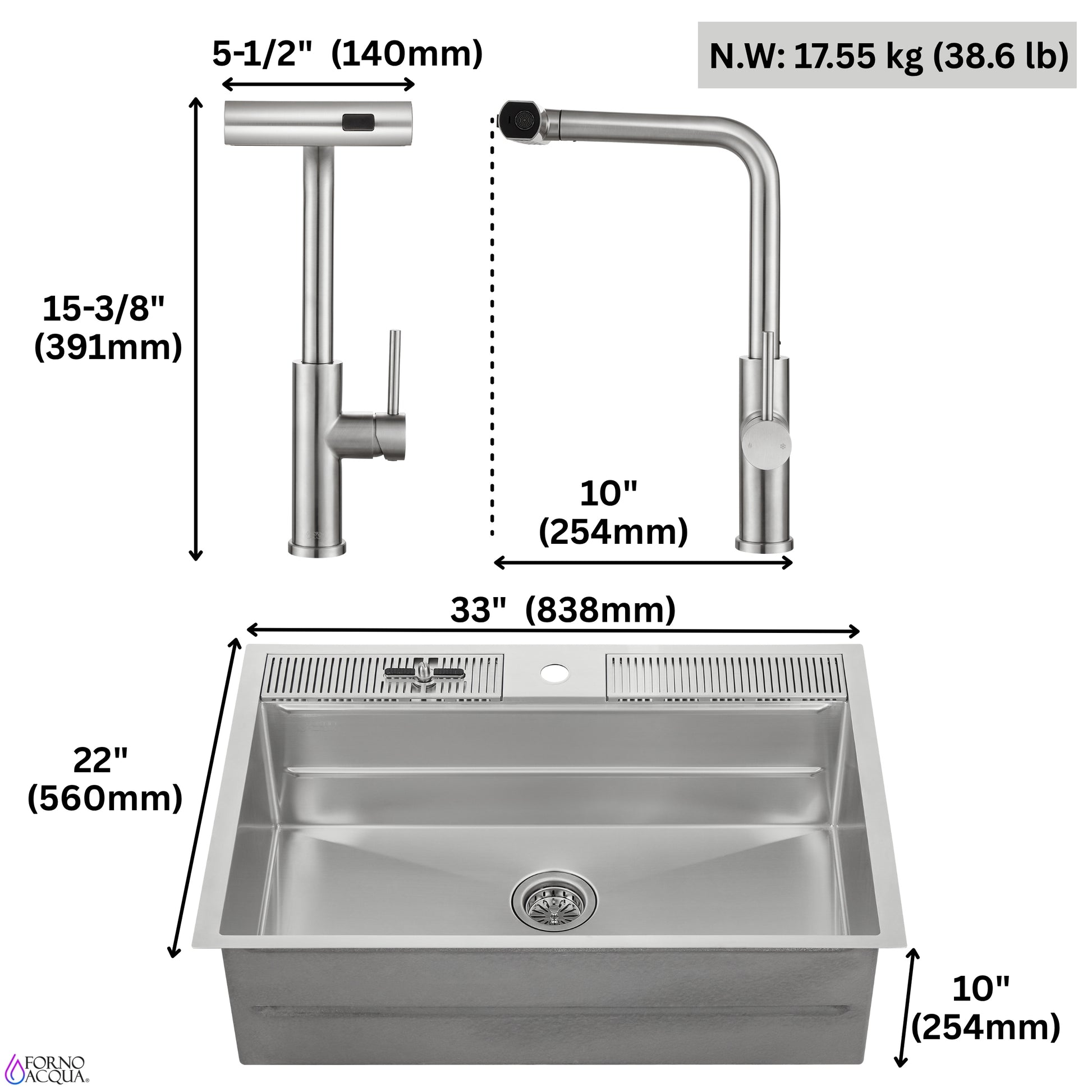 FORNO ACQUA 33 in. Drop-In/Undermount 3-Level Workstation Sink with Waterfall Faucet & Glass Rinser - Forno Appliances