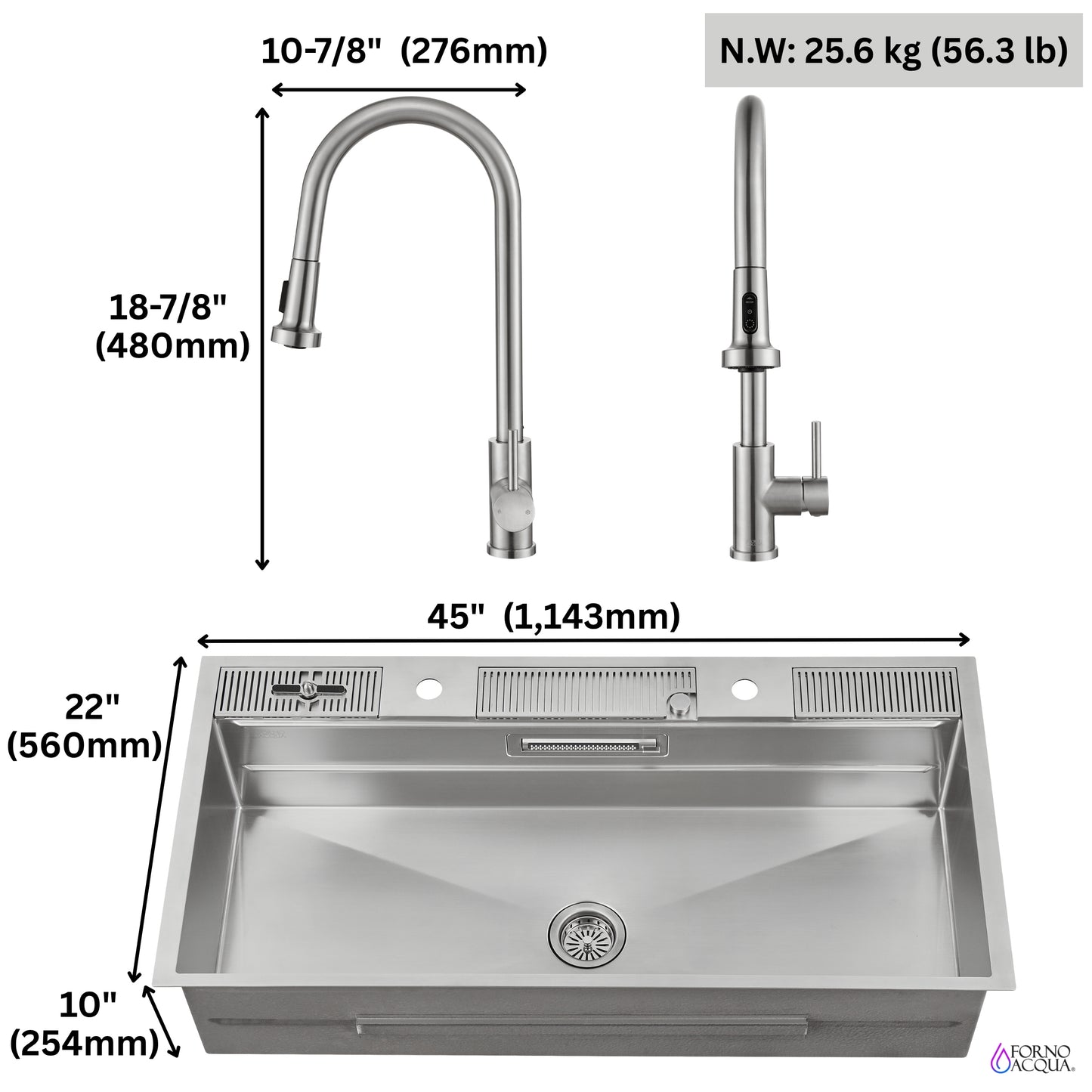 FORNO ACQUA 45 in. Drop-In/Undermount 3-Level Workstation Sink with Two Faucets & Glass Rinser - Forno Appliances