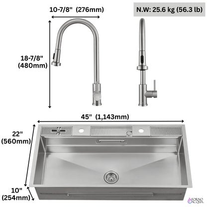 FORNO ACQUA 45 in. Drop-In/Undermount 3-Level Workstation Sink with Two Faucets & Glass Rinser - Forno Appliances