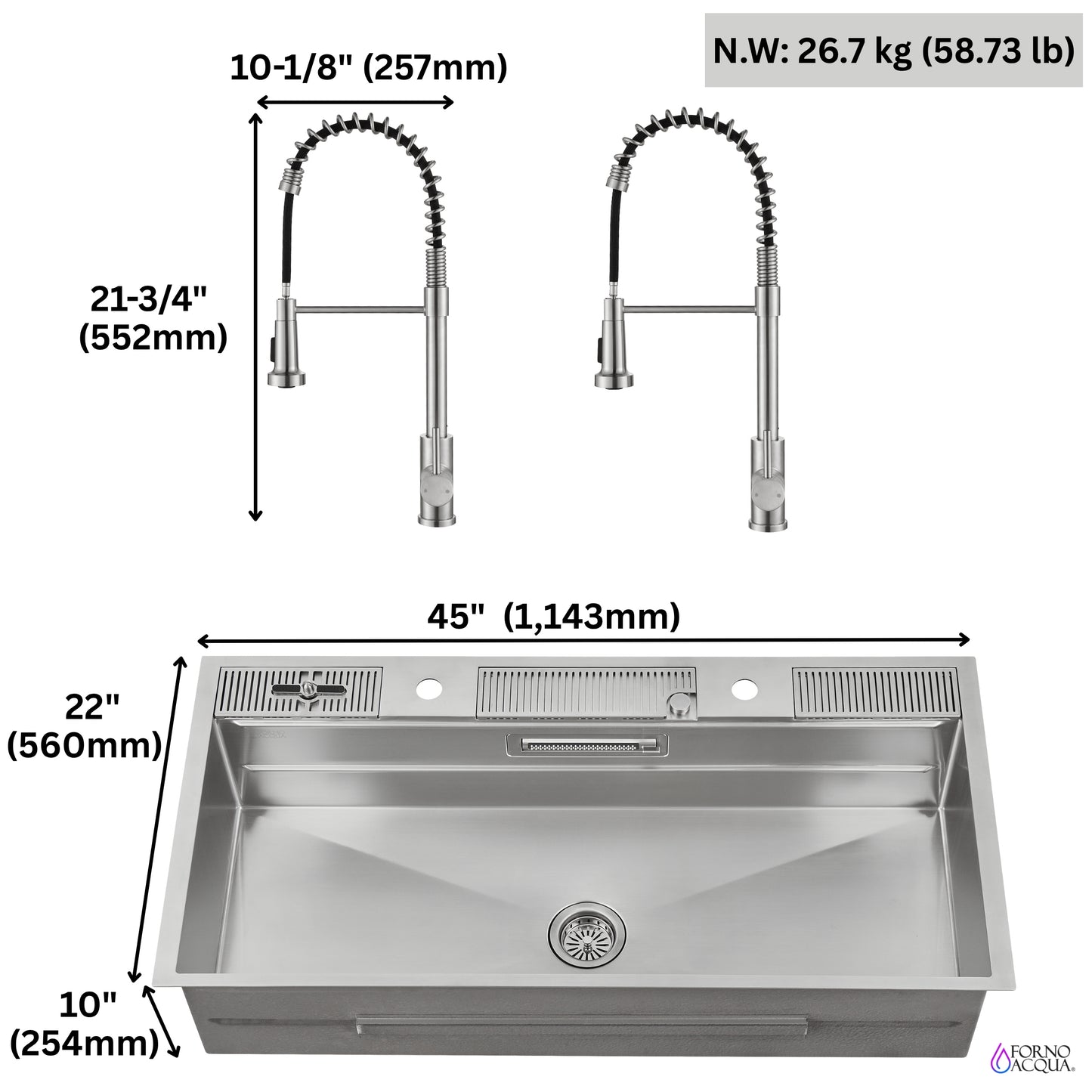 FORNO ACQUA 45 in. Drop-In/Undermount 3-Level Workstation Sink with Two Faucets & Glass Rinser - Forno Appliances