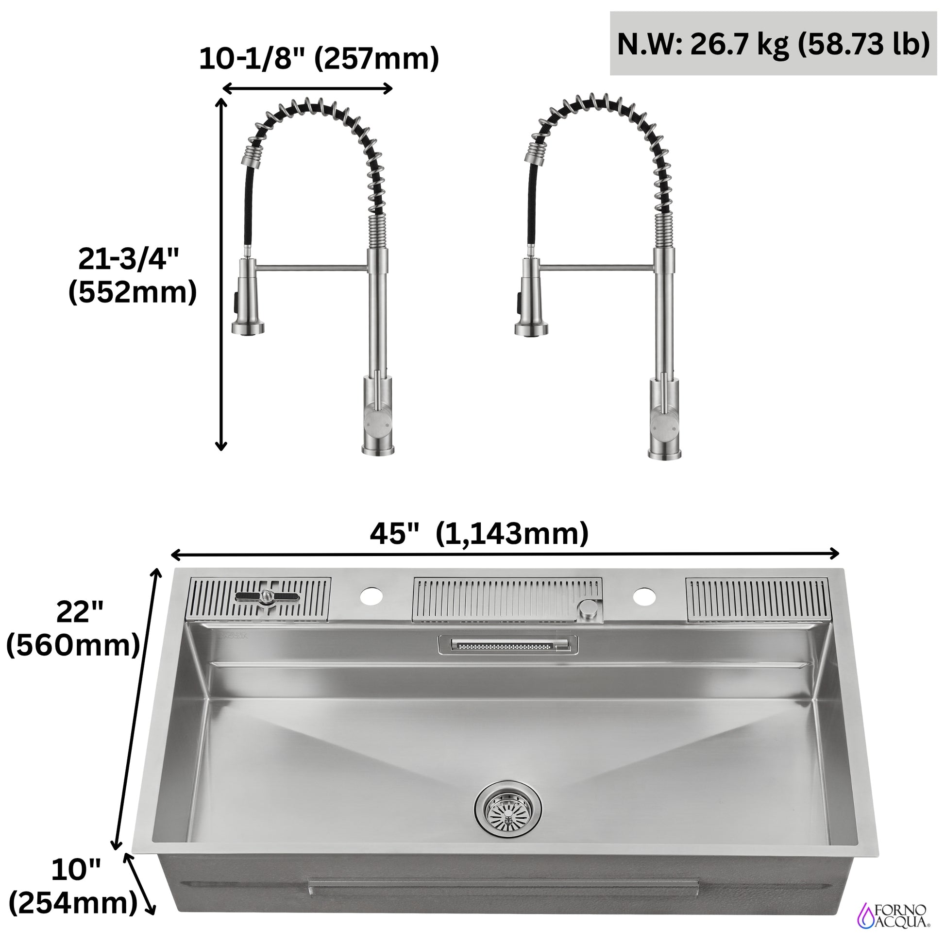 FORNO ACQUA 45 in. Drop-In/Undermount 3-Level Workstation Sink with Two Faucets & Glass Rinser - Forno Appliances