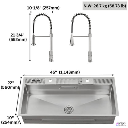 FORNO ACQUA 45 in. Drop-In/Undermount 3-Level Workstation Sink with Two Faucets & Glass Rinser - Forno Appliances