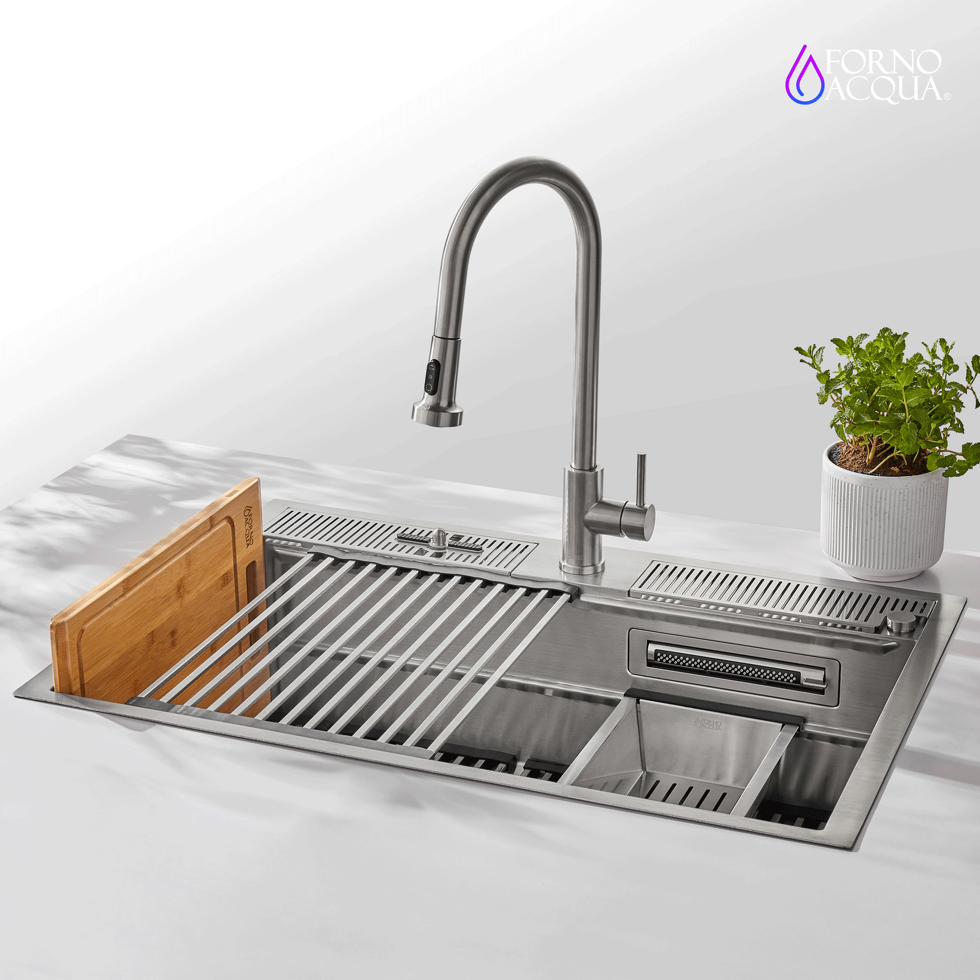 FORNO ACQUA 33 in. Drop-In/Undermount 3-Level Workstation Sink with Faucet, Waterfall & Glass Rinser - Forno Appliances