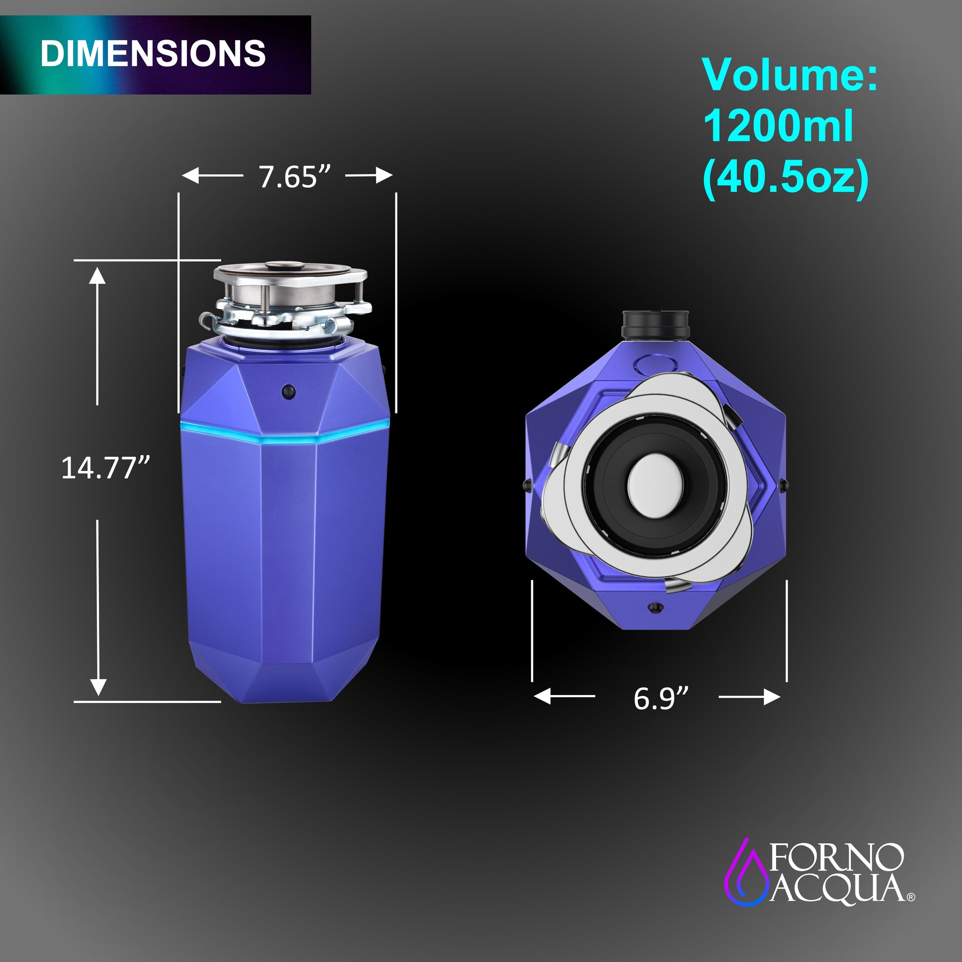 FORNO ACQUA BrightDIAMOND Amethyst 1HP Super Quiet Garbage Disposal Corded with Motion Sensor Cabinet Light & Pre-Wired Air Switch - Forno Appliances