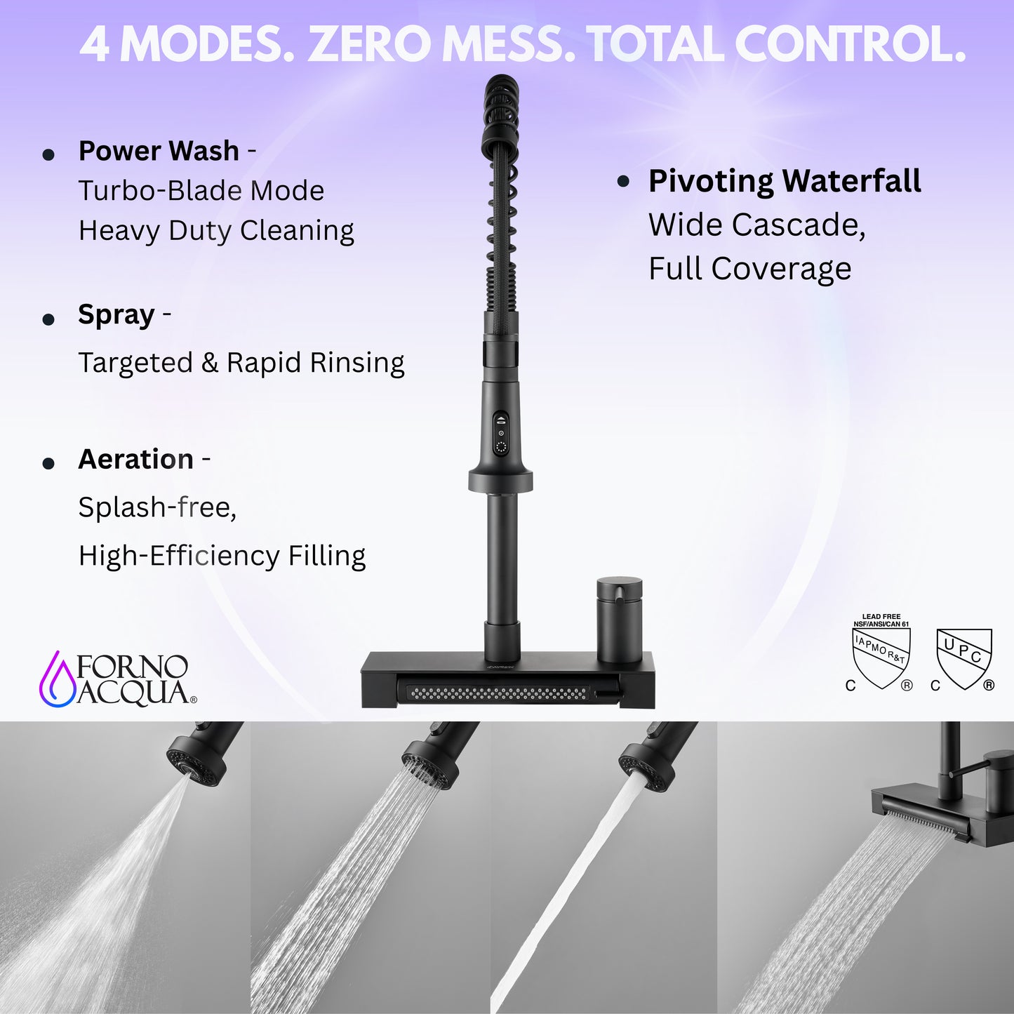 FORNO ACQUA 4 function pull-Down Waterfall Kitchen Faucet - Forno Appliances
