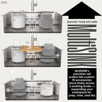 FORNO ACQUA 33 in. Drop-In/Undermount 3-Level Workstation Sink with Faucet, Waterfall & Glass Rinser - Forno Appliances