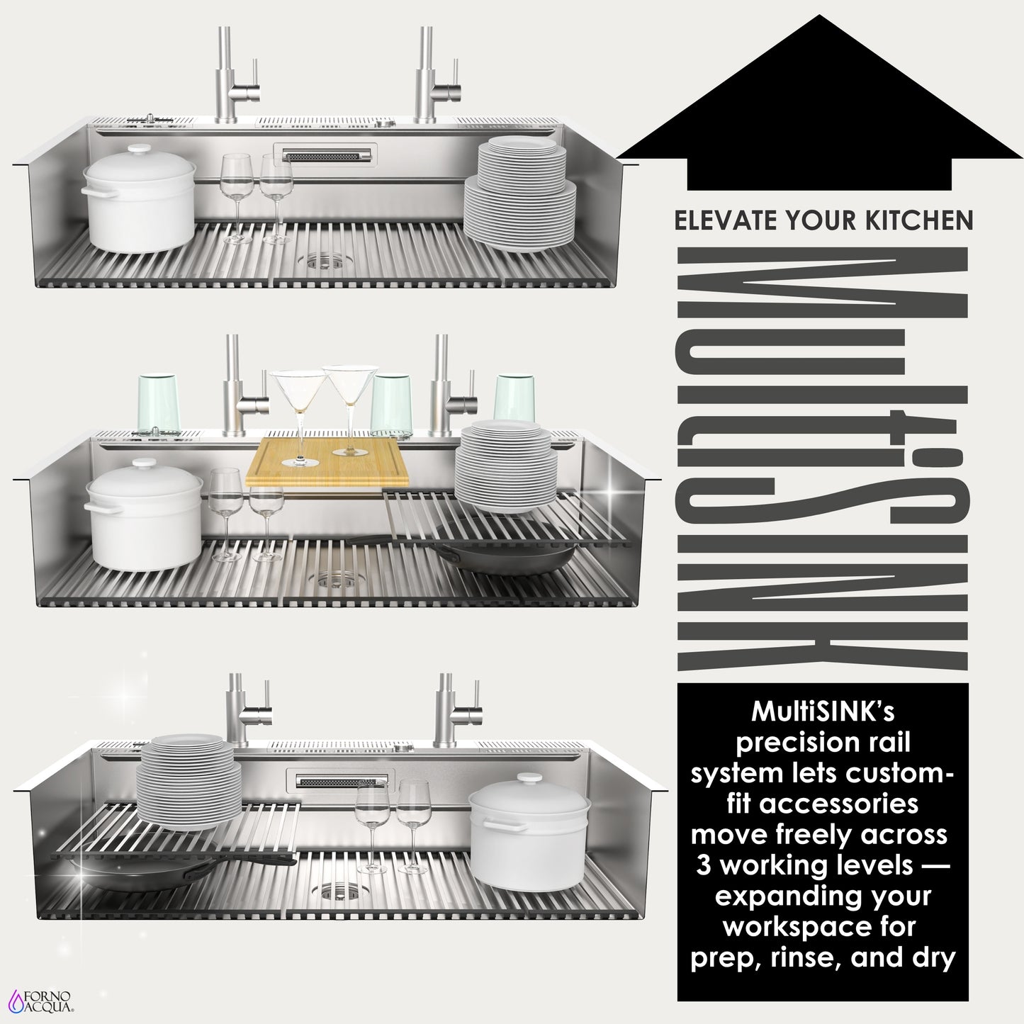 FORNO ACQUA 45 in. Drop-In/Undermount 3-Level Workstation Sink with Two Faucets & Glass Rinser - Forno Appliances