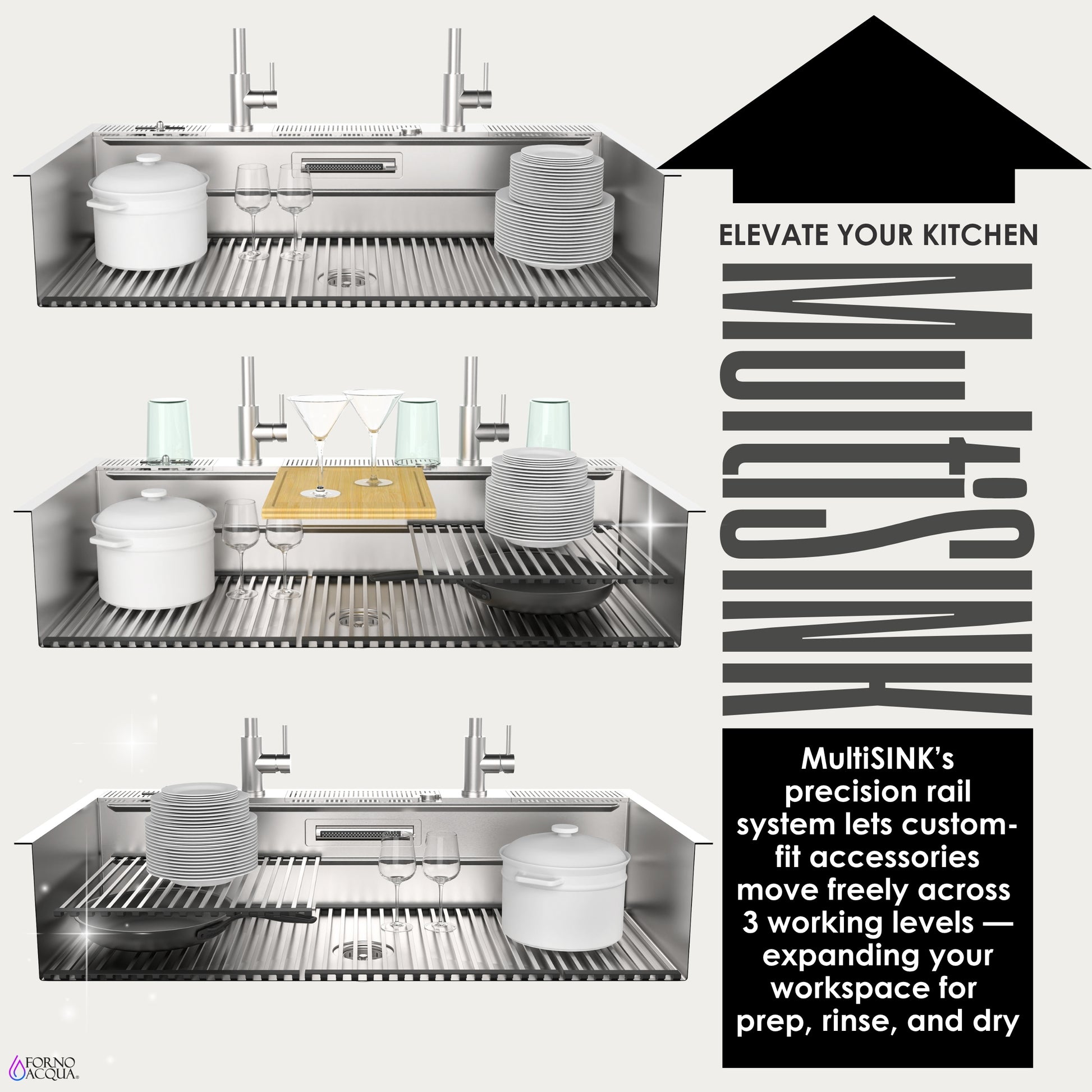 FORNO ACQUA 45 in. Drop-In/Undermount 3-Level Workstation Sink with Two Faucets & Glass Rinser - Forno Appliances