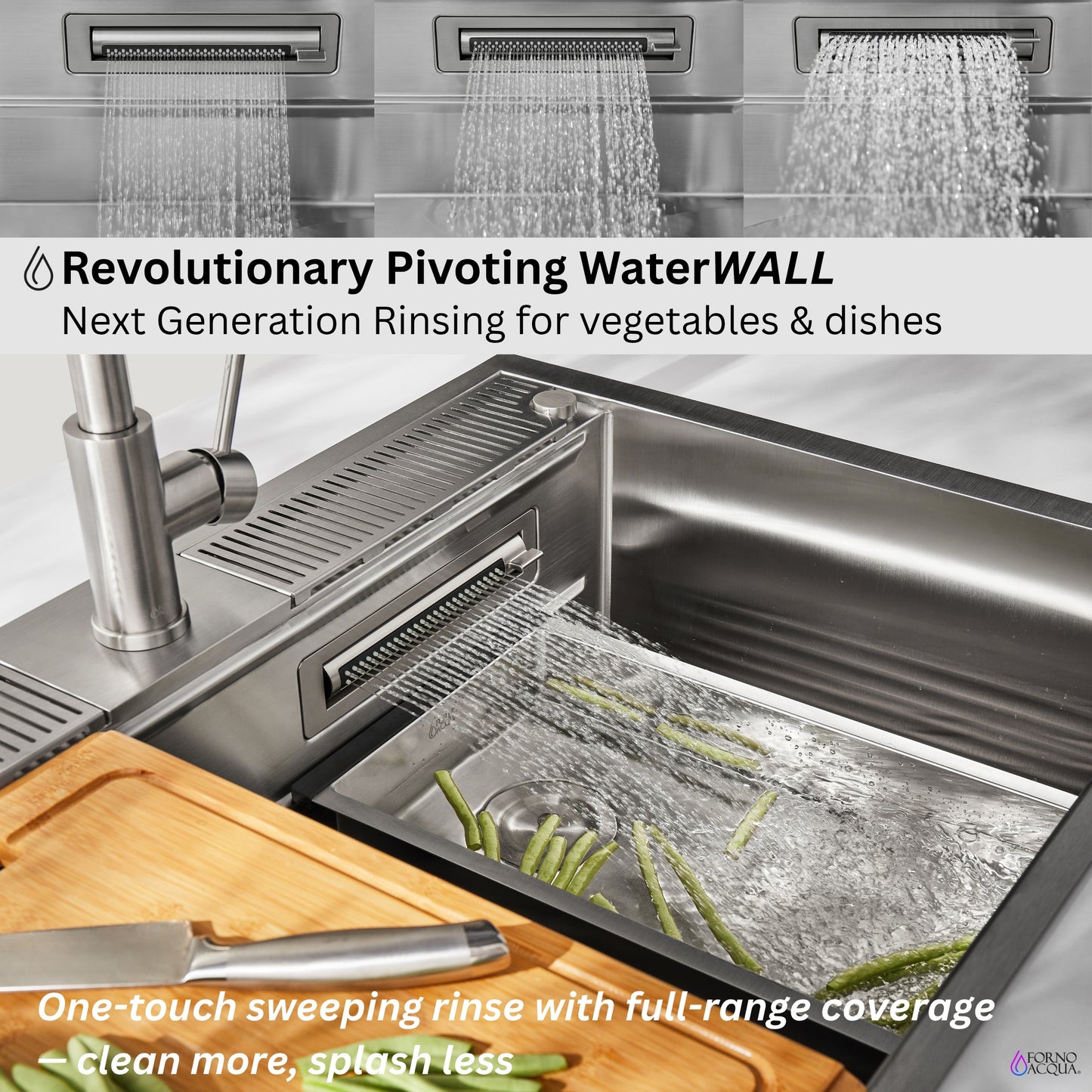 FORNO ACQUA 33 in. Drop-In/Undermount 3-Level Workstation Sink with Faucet, Waterfall & Glass Rinser - Forno Appliances