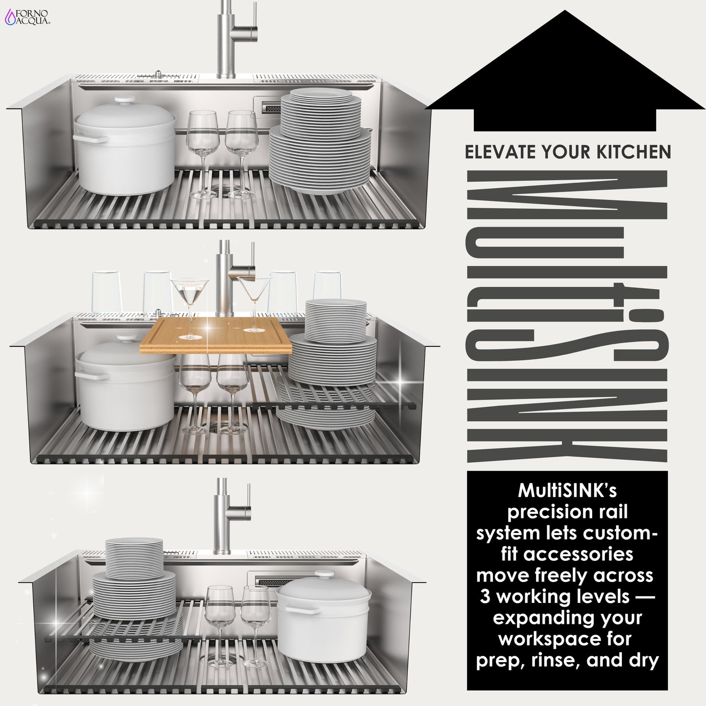FORNO ACQUA MultiSINK kit with Integrated Waterfall Rinsing and Glass Washing Station.  Includes Chef Faucet and Accessories. - Forno Appliances