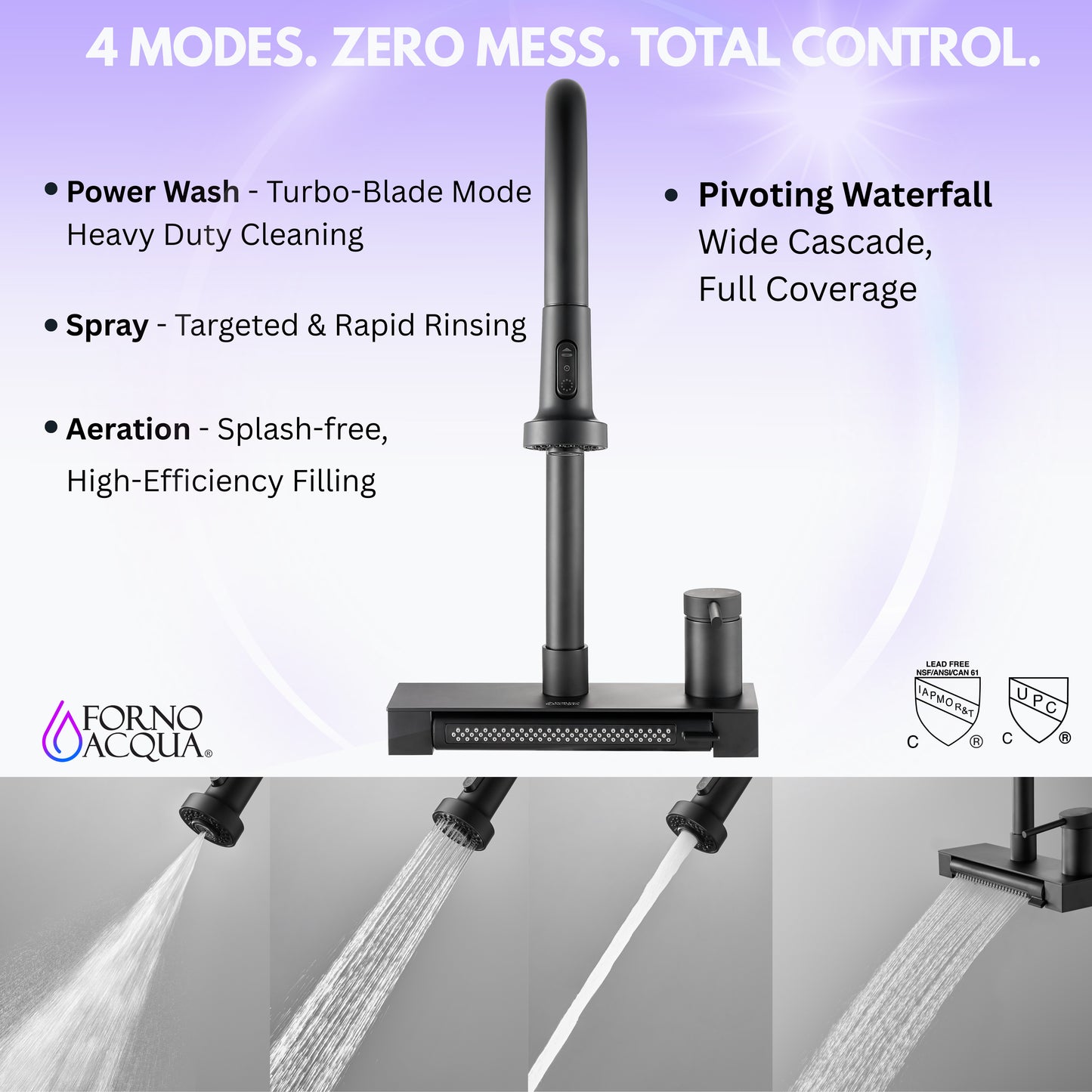 FORNO ACQUA 4 Function Waterfall  Pull-Down Kitchen Faucet - Forno Appliances