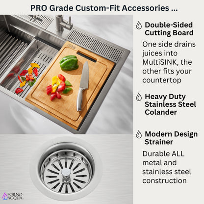 FORNO ACQUA 33 in. Drop-In/Undermount 3-Level Workstation Sink with Waterfall Faucet & Glass Rinser - Forno Appliances