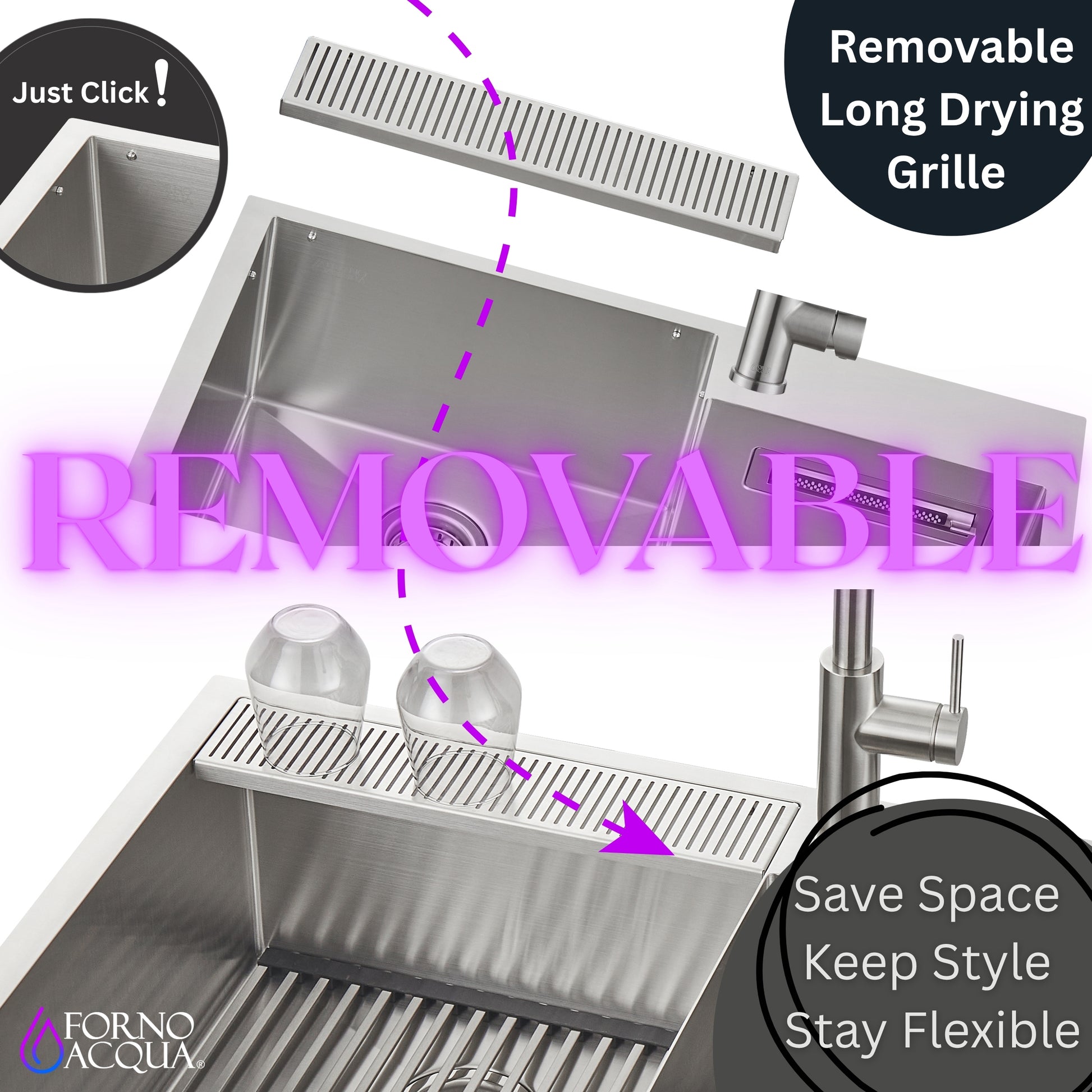 FORNO ACQUA 33 in. Drop-In/Undermount 40/60 Double Bowl Sink with Retractable Faucet & Waterfall - Forno Appliances