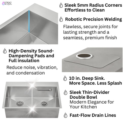 FORNO ACQUA 33 in. Drop-In/Undermount 50/50 Double Bowl Stainless Steel Sink with Faucet & Waterfall