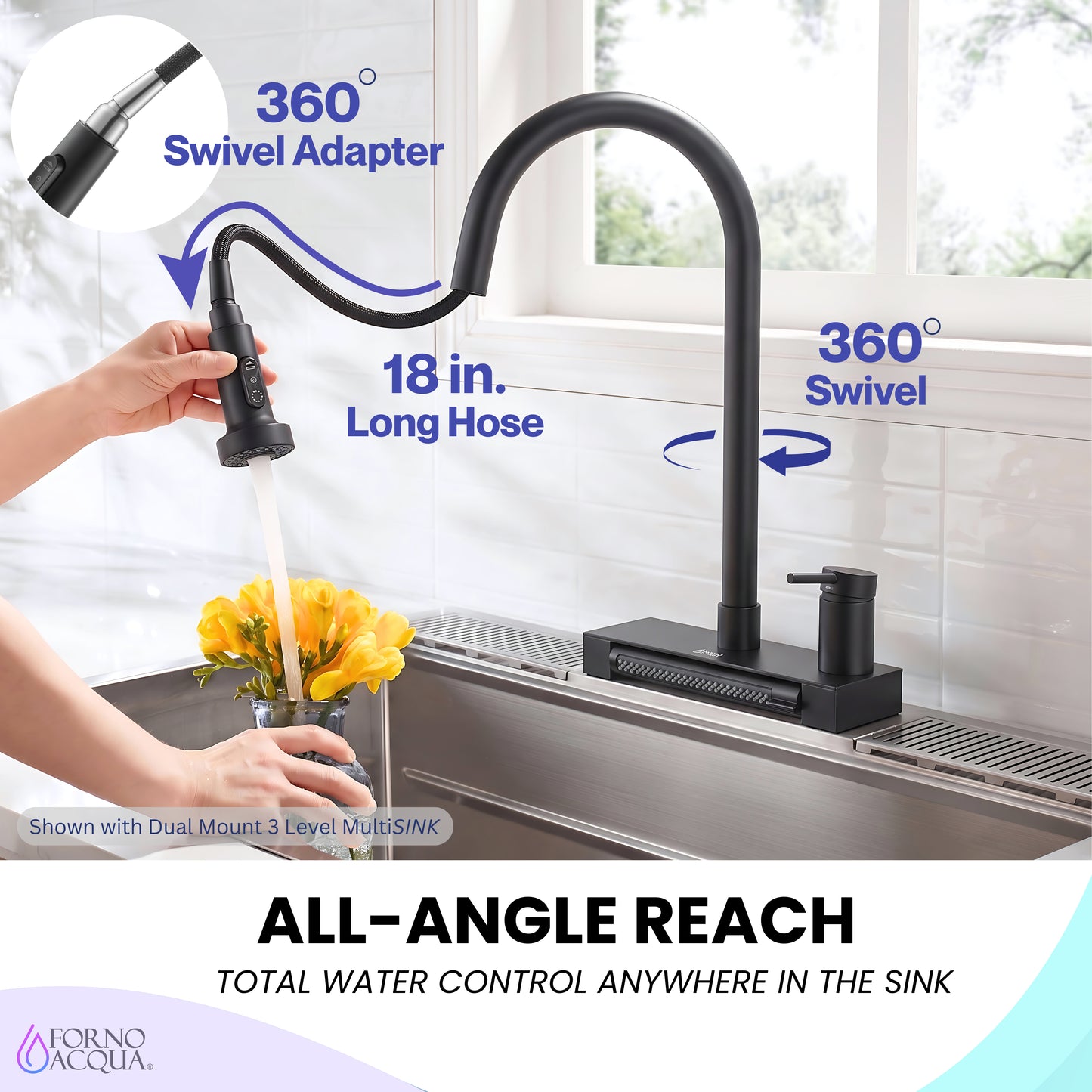 FORNO ACQUA 4 Function Waterfall  Pull-Down Kitchen Faucet - Forno Appliances