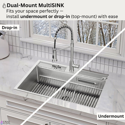 FORNO ACQUA 33 in. Drop-In/Undermount 40/60 Double Bowl Stainless Steel Sink with Waterfall Faucet - Forno Appliances