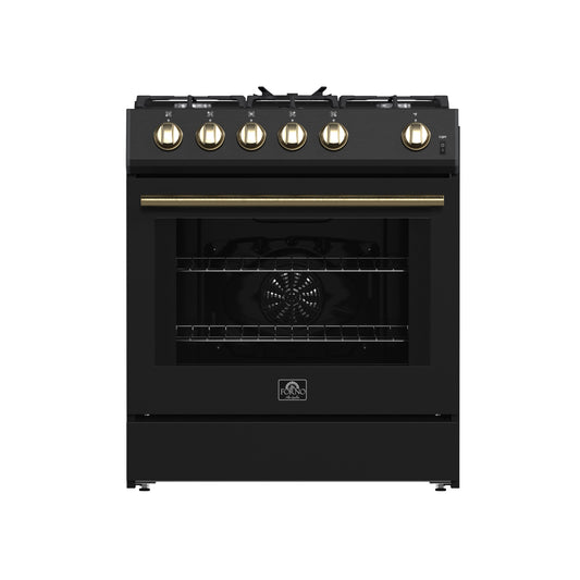 Forno Leonardo Espresso 30-Inch Black Gas Range, 5 Burners, 39,500 BTU, 5 cu.ft Convection Oven - Forno Appliances