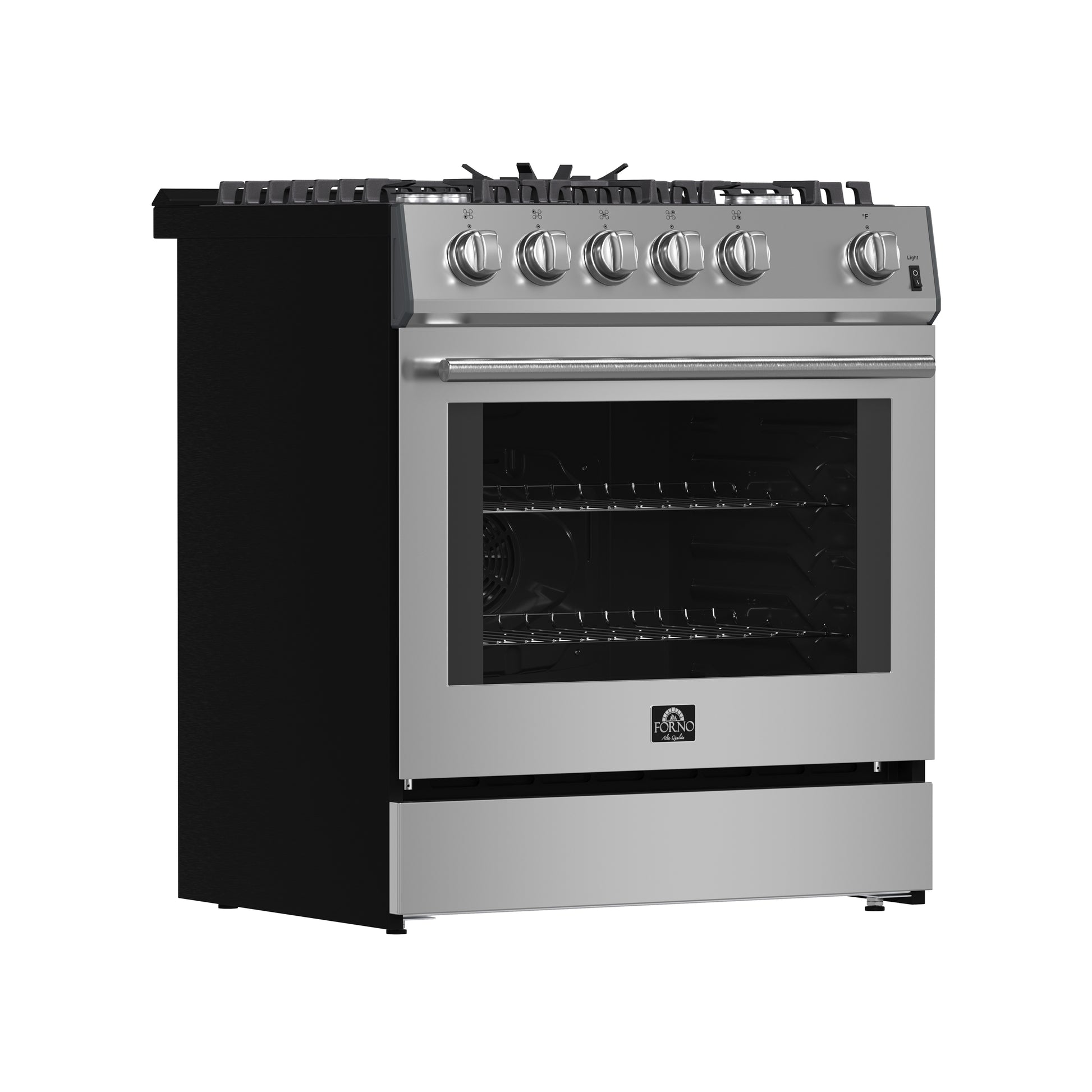 Forno Leonardo 30-Inch Stainless Steel Gas Range, 5 Sealed Burners (Totaling 39,500 BTU), 5 cu.ft. Convection Oven, Continuous Cast Iron Grates, Black Enamel Interior, Auto Re-Ignition, LP Conversion Kit Included - Forno Appliances