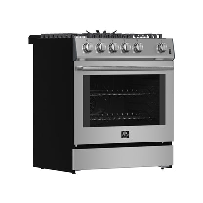 Forno Leonardo 30-Inch Stainless Steel Gas Range, 5 Sealed Burners (Totaling 39,500 BTU), 5 cu.ft. Convection Oven, Continuous Cast Iron Grates, Black Enamel Interior, Auto Re-Ignition, LP Conversion Kit Included - Forno Appliances