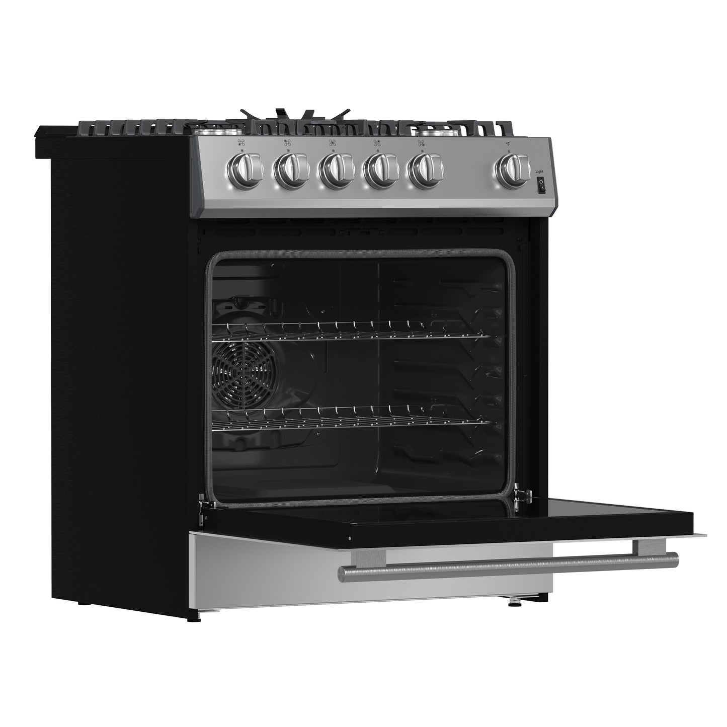 Forno Leonardo 30-Inch Stainless Steel Gas Range, 5 Sealed Burners (Totaling 39,500 BTU), 5 cu.ft. Convection Oven, Continuous Cast Iron Grates, Black Enamel Interior, Auto Re-Ignition, LP Conversion Kit Included - Forno Appliances