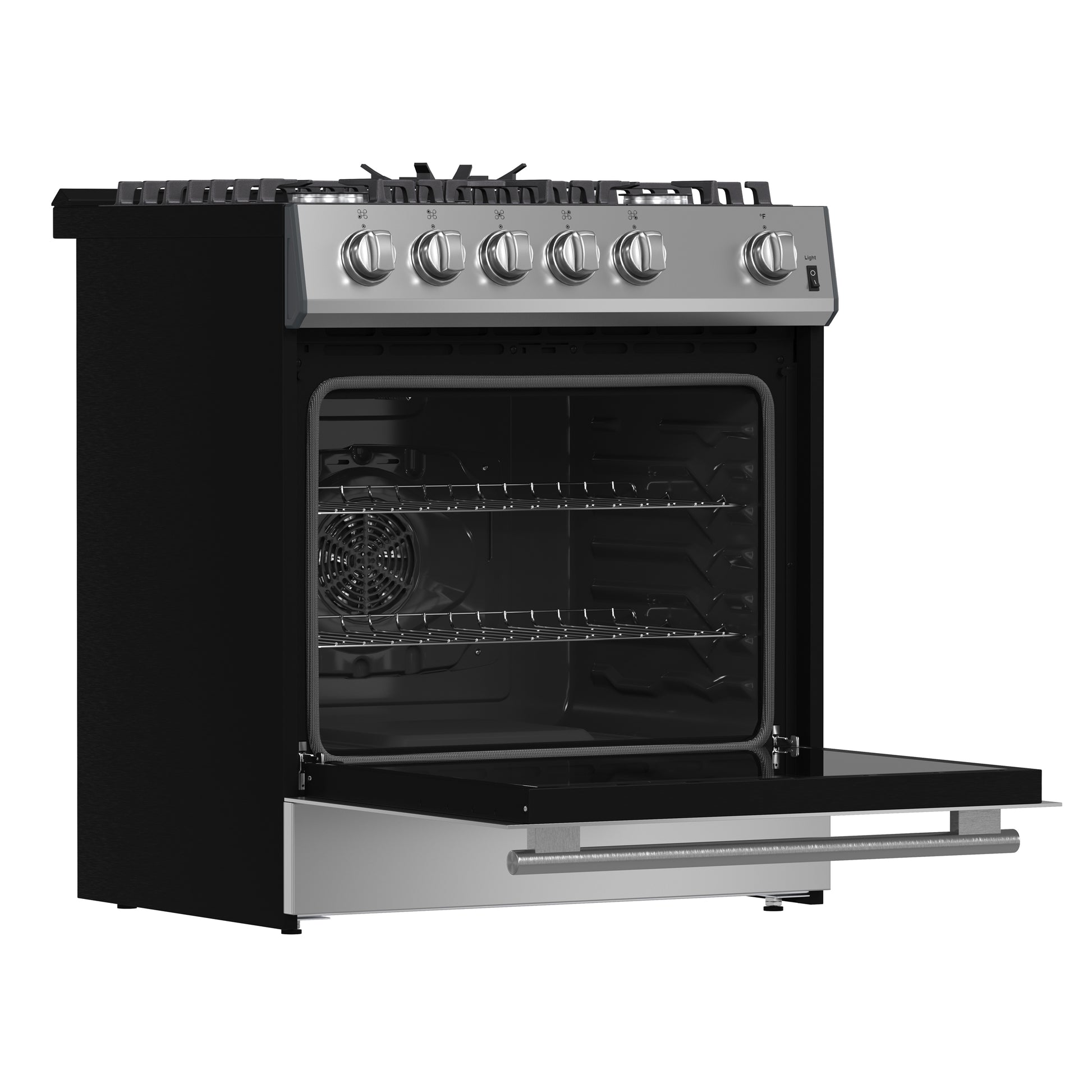 Forno Leonardo 30-Inch Stainless Steel Gas Range, 5 Sealed Burners (Totaling 39,500 BTU), 5 cu.ft. Convection Oven, Continuous Cast Iron Grates, Black Enamel Interior, Auto Re-Ignition, LP Conversion Kit Included - Forno Appliances