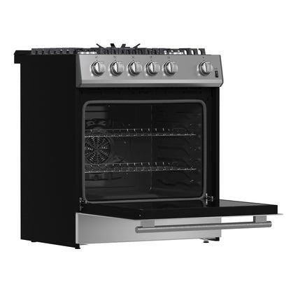 Forno Leonardo 30-Inch Stainless Steel Gas Range, 5 Sealed Burners (Totaling 39,500 BTU), 5 cu.ft. Convection Oven, Continuous Cast Iron Grates, Black Enamel Interior, Auto Re-Ignition, LP Conversion Kit Included - Forno Appliances