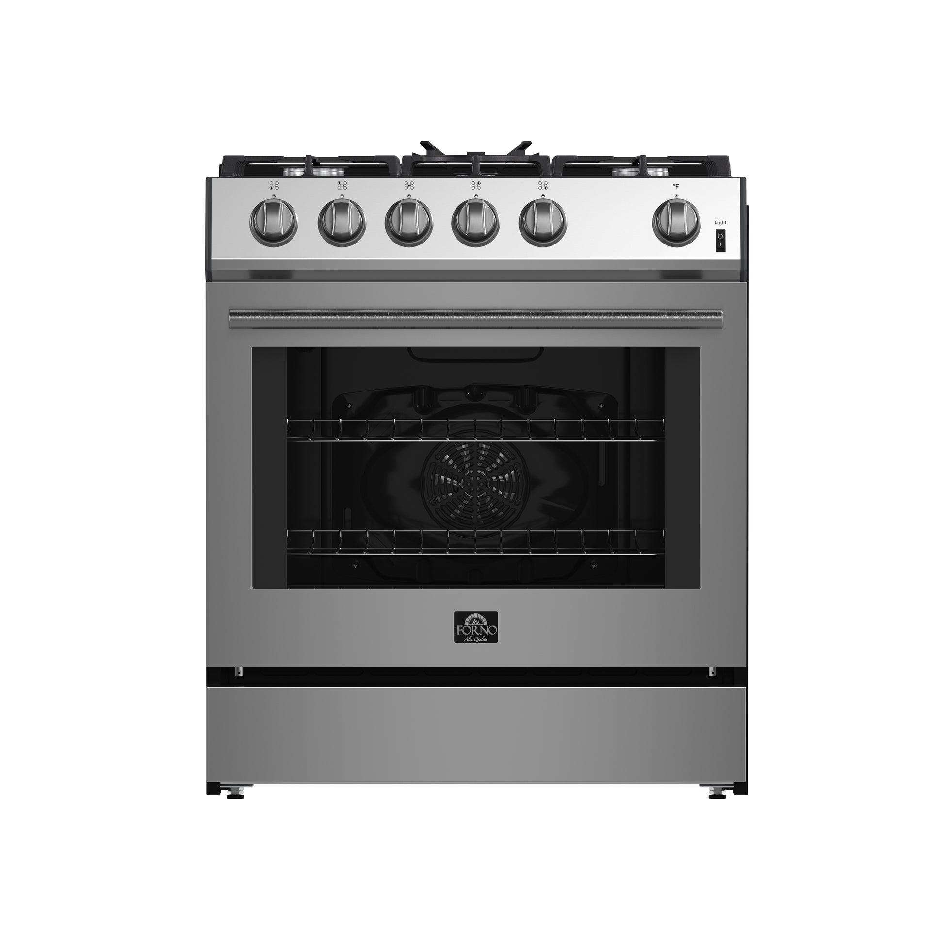 Forno Leonardo 30-Inch Stainless Steel Gas Range, 5 Sealed Burners (Totaling 39,500 BTU), 5 cu.ft. Convection Oven, Continuous Cast Iron Grates, Black Enamel Interior, Auto Re-Ignition, LP Conversion Kit Included - Forno Appliances