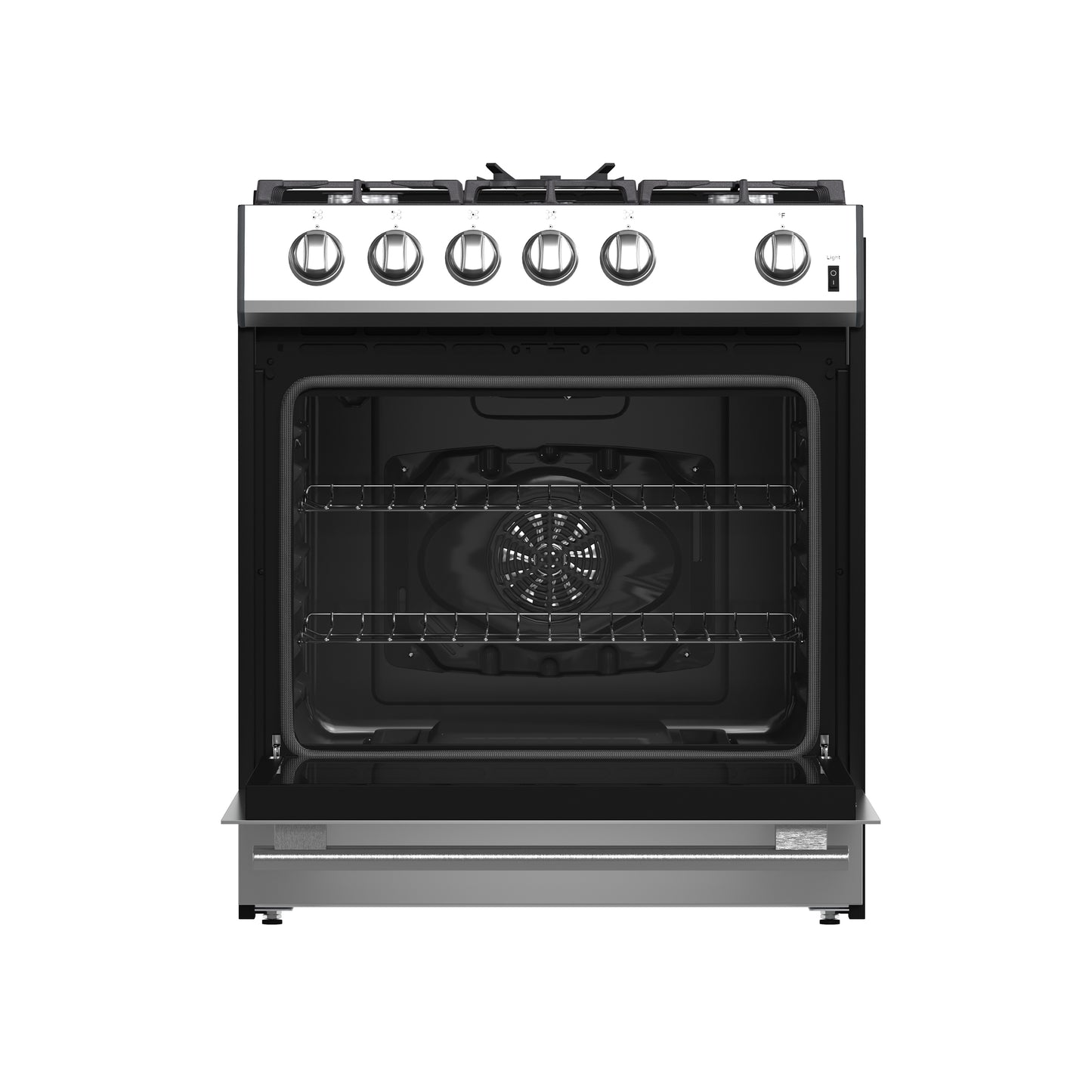 Forno Leonardo 30-Inch Stainless Steel Gas Range, 5 Sealed Burners (Totaling 39,500 BTU), 5 cu.ft. Convection Oven, Continuous Cast Iron Grates, Black Enamel Interior, Auto Re-Ignition, LP Conversion Kit Included - Forno Appliances