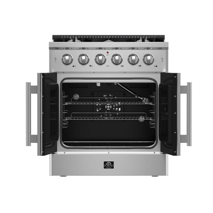 Forno Galiano 30-Inch Freestanding French Door Gas Range, 5 Burners, Convection Oven, Energy Efficient - Forno Appliances