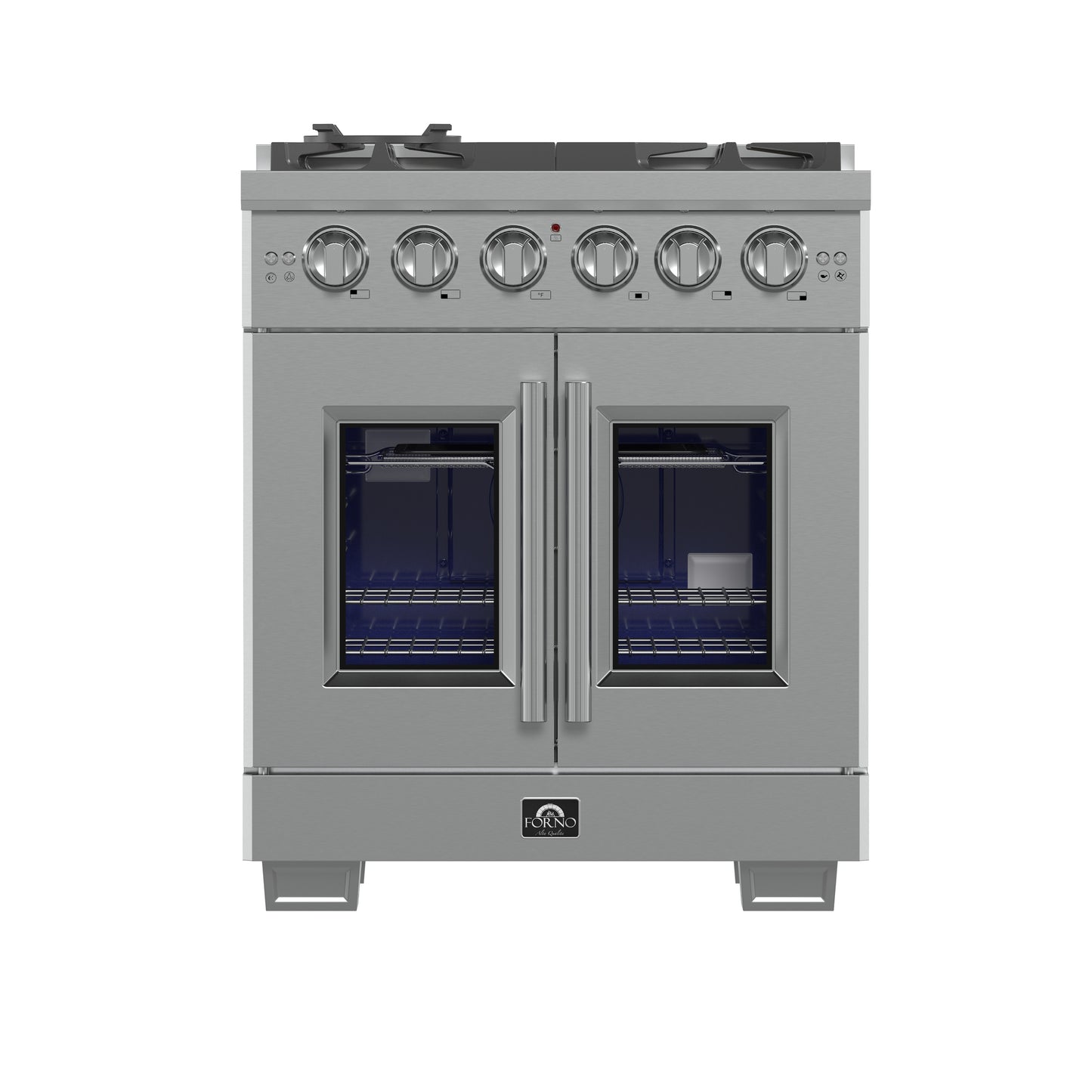 Cuisinière à gaz Forno Capriasca autoportante 30 pouces à portes françaises, 4 brûleurs, four à convection, économe en énergie - Forno Appliances