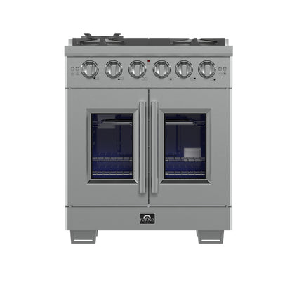 Cuisinière à gaz Forno Capriasca autoportante 30 pouces à portes françaises, 4 brûleurs, four à convection, économe en énergie - Forno Appliances