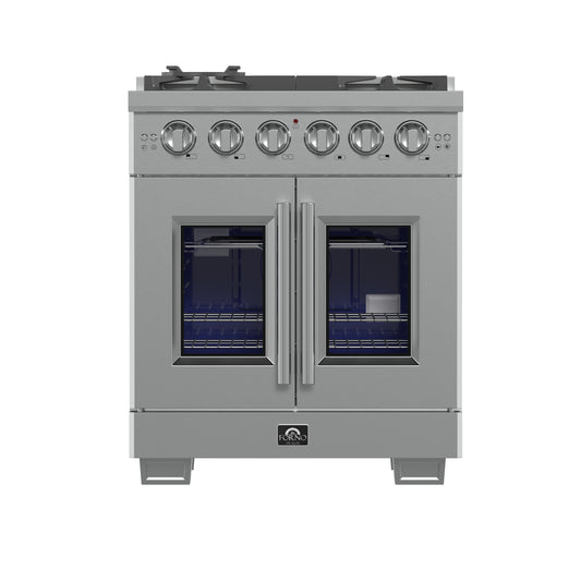 Forno Capriasca 30-Inch Freestanding French Door Gas Range, 4 Burners, Convection Oven, Energy Efficient - Forno Appliances