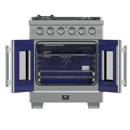 Cuisinière à gaz Forno Capriasca 30 po autoportante à portes françaises, 4 brûleurs, four à convection, écoénergétique - Forno Appliances