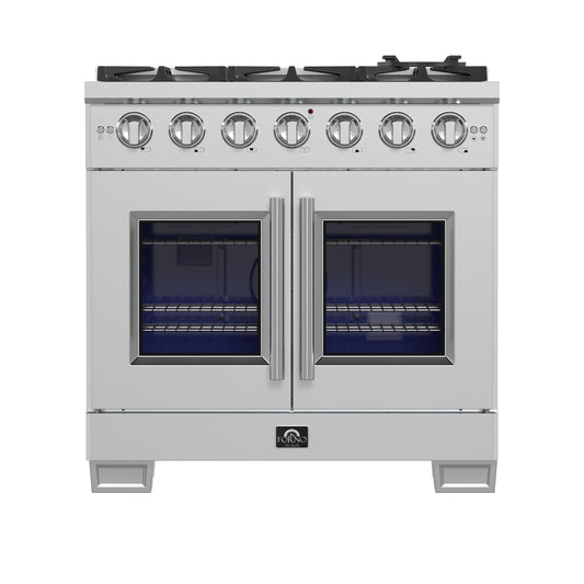Forno Capriasca 36-Inch Freestanding French Door Gas Range, 6 Burners, Convection Oven, Energy Efficient - Forno Appliances