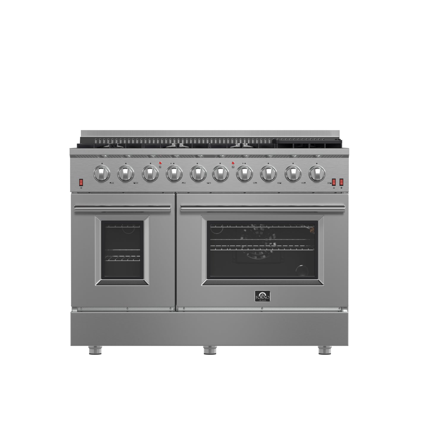 FORNO Premium 3-Piece Kitchen Bundle - FORNO Galiano 48" Freestanding Gas Range, FORNO Rizzuto 60" W. Dual Combo Convertible Refrigerator, FORNO 48" Wall Mount Range Hood - FBDL-018-02US - Forno Appliances