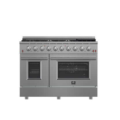 FORNO Premium 3-Piece Kitchen Bundle - FORNO Galiano 48" Freestanding Gas Range, FORNO Rizzuto 60" W. Dual Combo Convertible Refrigerator, FORNO 48" Wall Mount Range Hood - FBDL-018-02US - Forno Appliances
