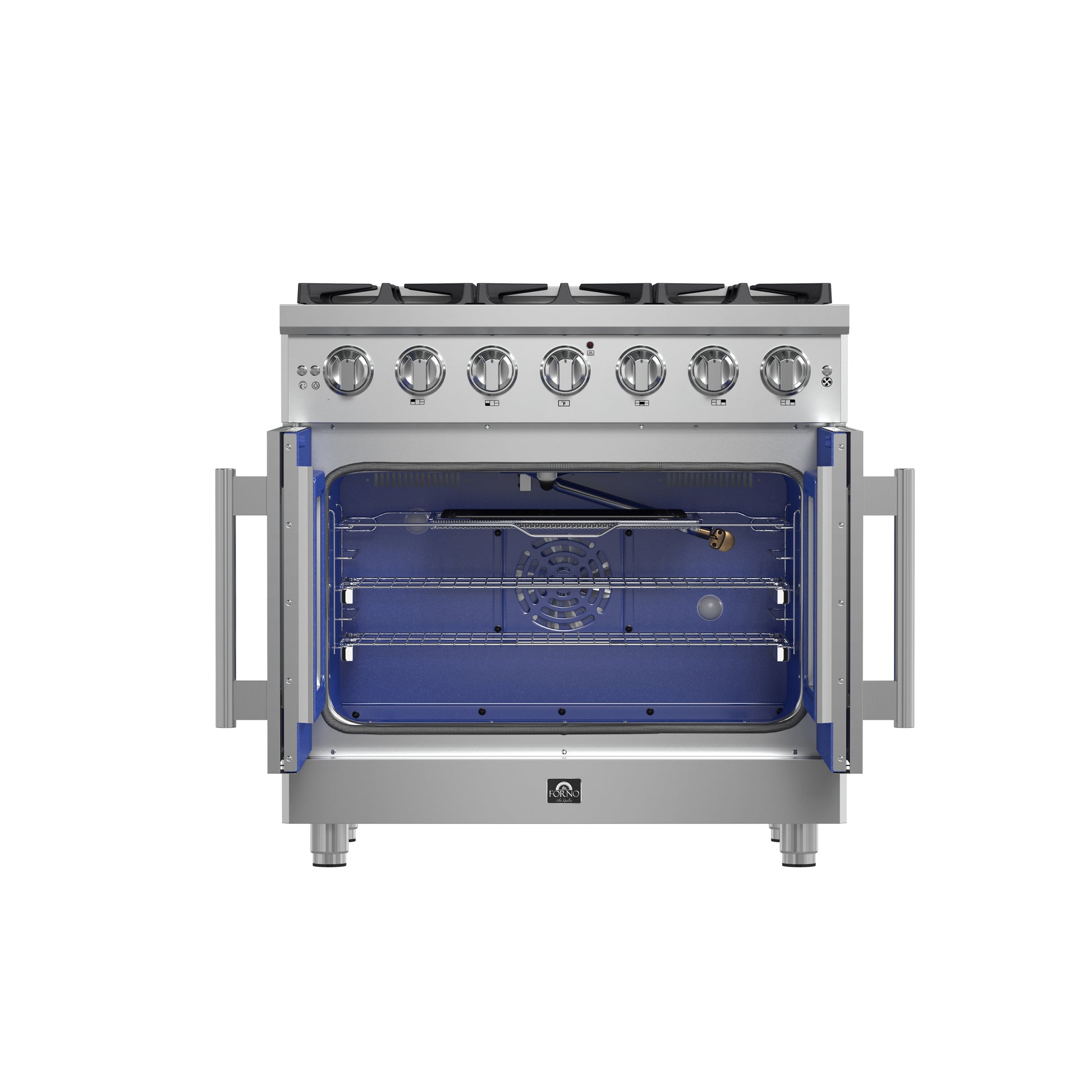 Cuisinière à gaz autoportante Forno Massimo de 36 pouces à portes françaises, 6 brûleurs, four à convection, économe en énergie - Forno Appliances