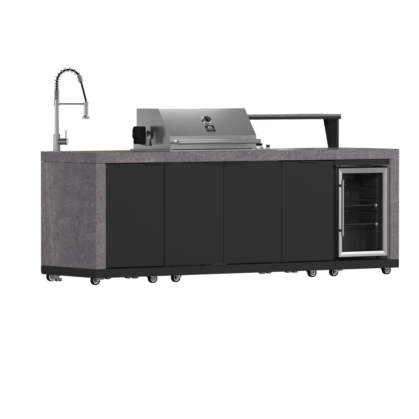 Forno Rimini Outdoor Kitchen 30" BBQ 62,600 BTU, 3 Burners with Sear & Rotisserie, 2.4 cu.ft. Beverage Center, Stainless Steel Sink, Black Cabinets & Gray Sintered Stone Countertop - Forno Appliances