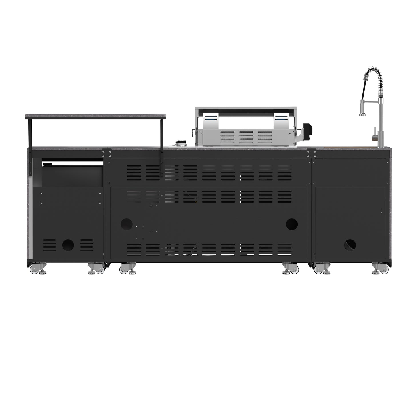 Forno Rimini Outdoor Kitchen 30" BBQ 62,600 BTU, 3 Burners with Sear & Rotisserie, 2.4 cu.ft. Beverage Center, Stainless Steel Sink, Black Cabinets & Gray Sintered Stone Countertop - Forno Appliances