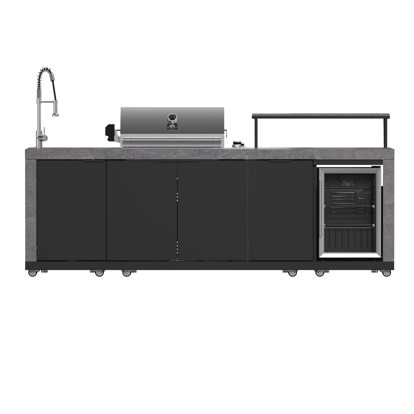 Forno Rimini Outdoor Kitchen 30" BBQ 62,600 BTU, 3 Burners with Sear & Rotisserie, 2.4 cu.ft. Beverage Center, Stainless Steel Sink, Black Cabinets & Gray Sintered Stone Countertop - Forno Appliances