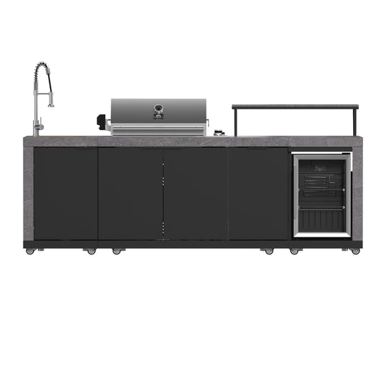 Forno Rimini Outdoor Kitchen 30" BBQ 62,600 BTU, 3 Burners with Sear & Rotisserie, 2.4 cu.ft. Beverage Center, Stainless Steel Sink, Black Cabinets & Gray Sintered Stone Countertop - Forno Appliances