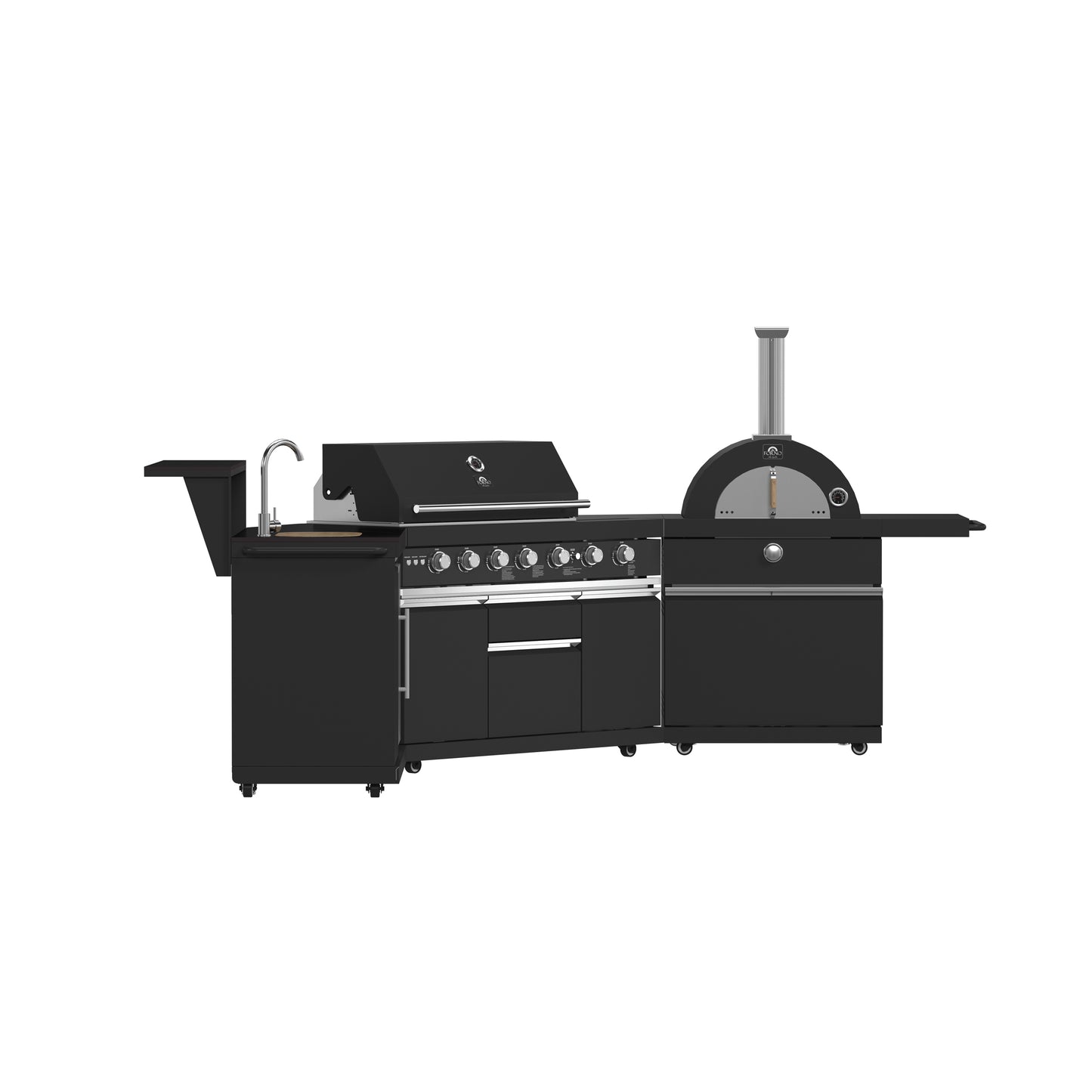 Forno All’Aperto 87,600 BTU Outdoor Kitchen, 4 Burners, Infrared Burners, Side Burner, Black Sintered Stone Countertops, Gas Pizza Oven, Sink Module, Bar & Beverage Center - Forno Appliances